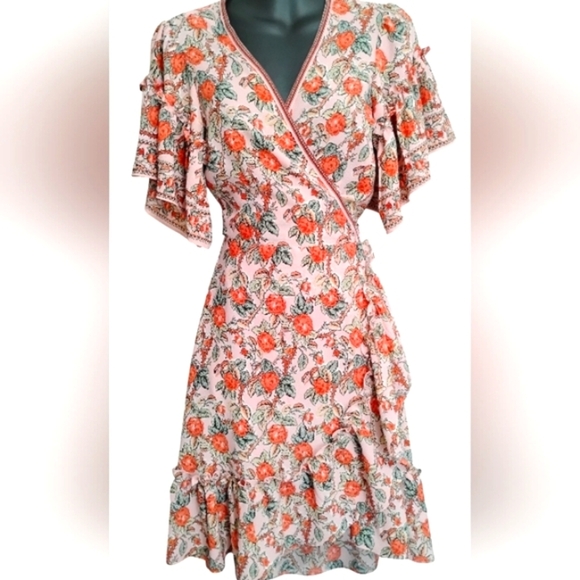 Max Studio | EUC Rose Floral Print Ruffle Sleeve Wrap High Low Dress | XS - Picture 1 of 13